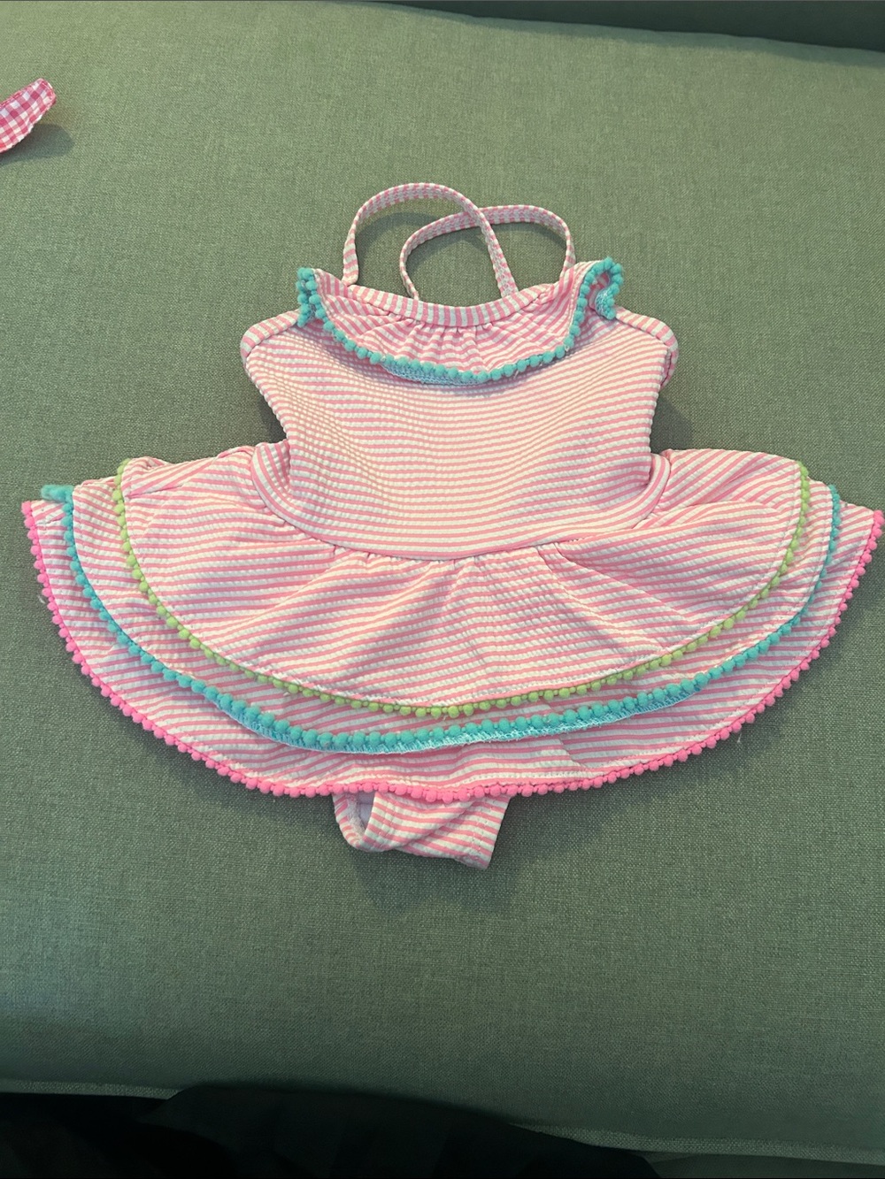 Girls Pink Seer Sucker One-Piece Swim Suit with Ruffle Tiers